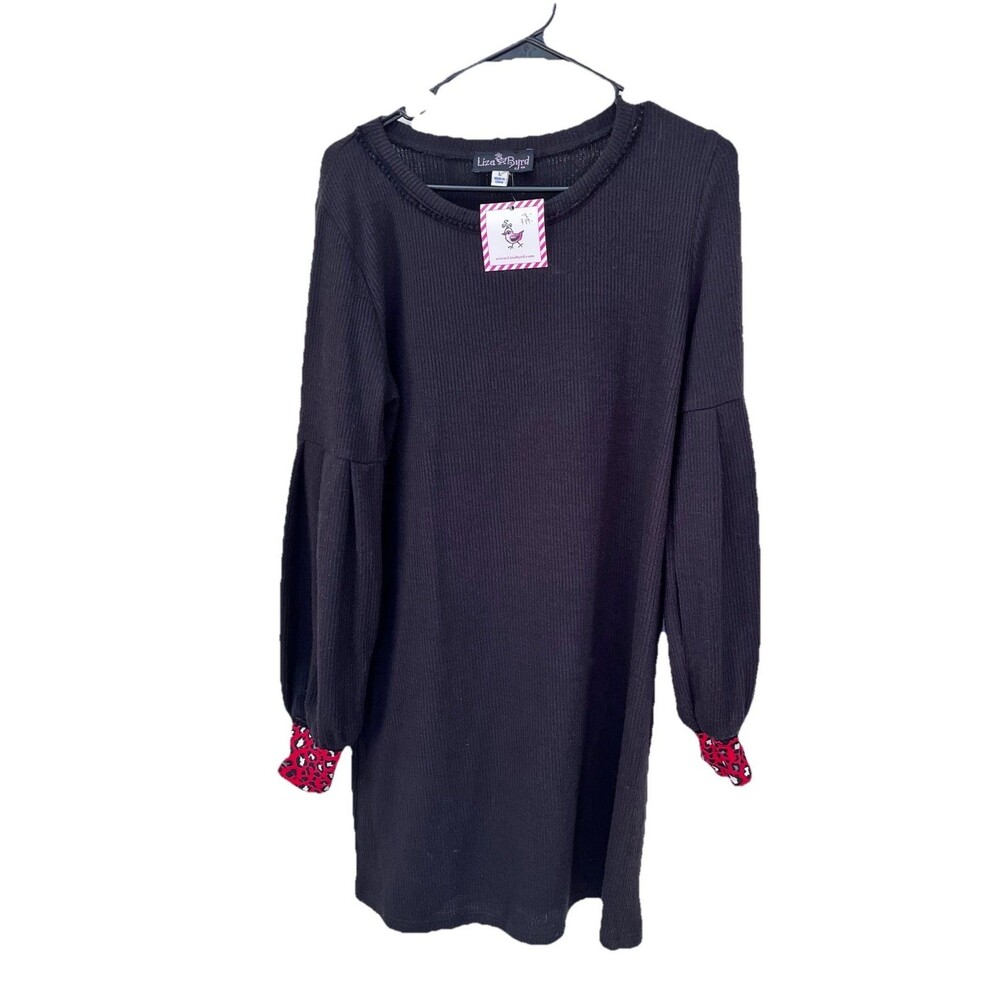 NWT Liza Byrd Women’s Black Sweater Knit Dress Roll Cuff Cheetah Print Sz Large